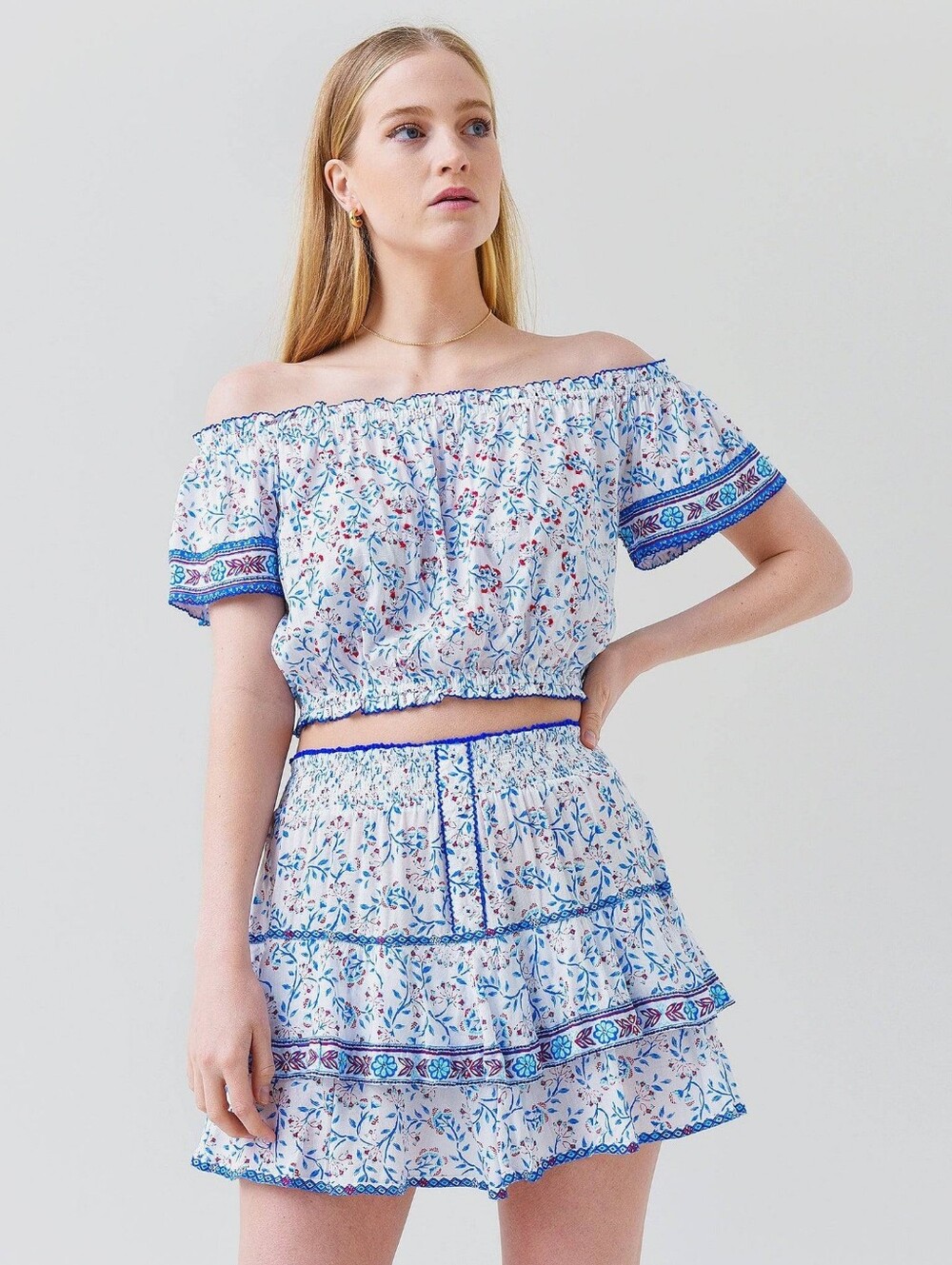 Poupette St Barth Camila Blouse skirt Set in White Blue Celery Size S/m Top Xs B